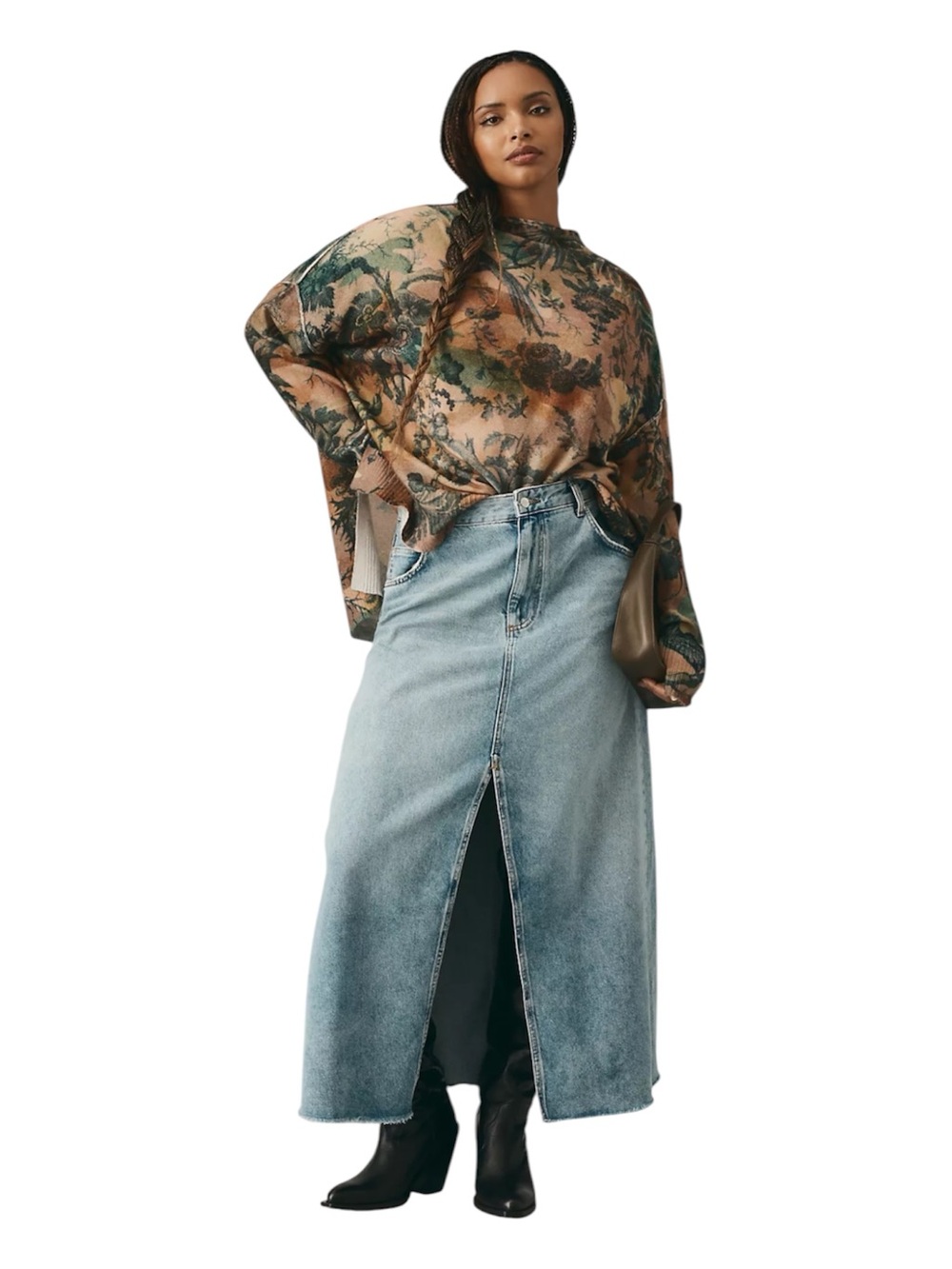 Anthro Pilcro Alani Floral Mock Neck Cashmere Sweater Slouchy Green Size S